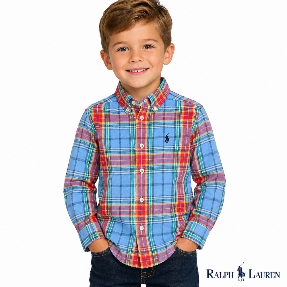 Ralph Lauren Boys Size 5 Plaid Flannel Shirt Blue Red Cotton Twill Button Down